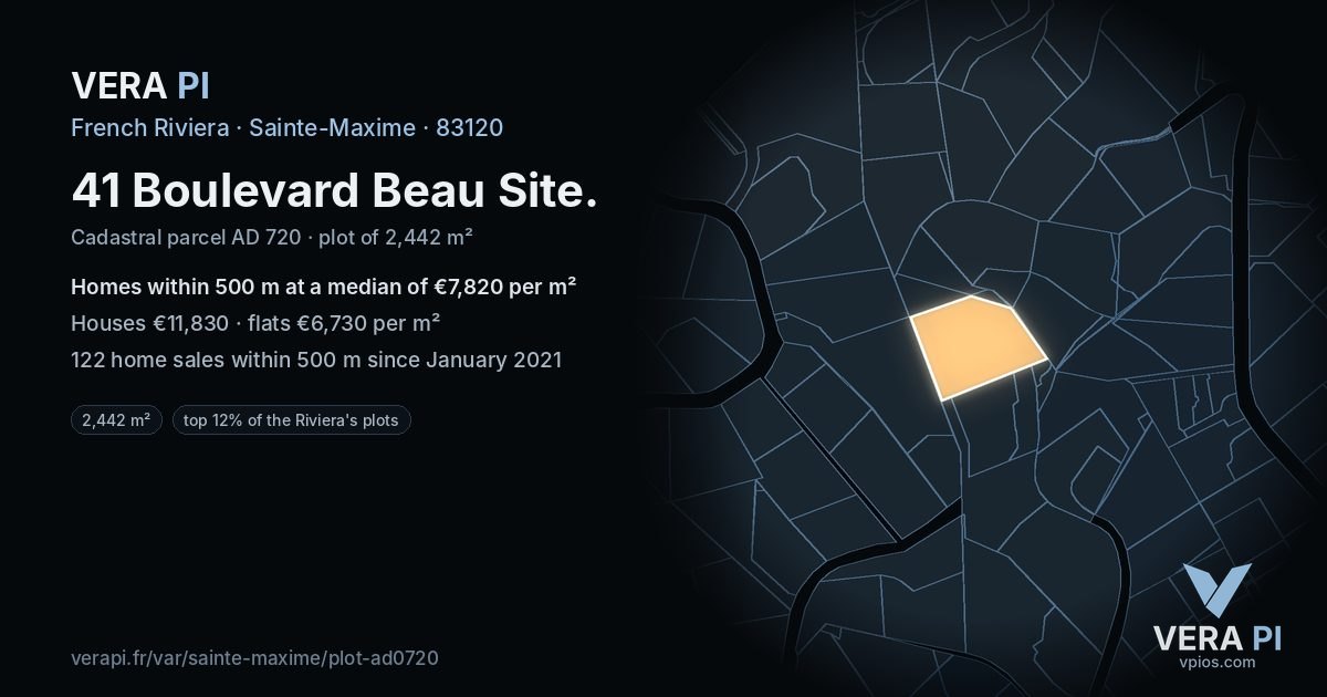 41 Boulevard Beau Site, Sainte-Maxime at night – the plot lit, the parcels around coloured by the prices near them