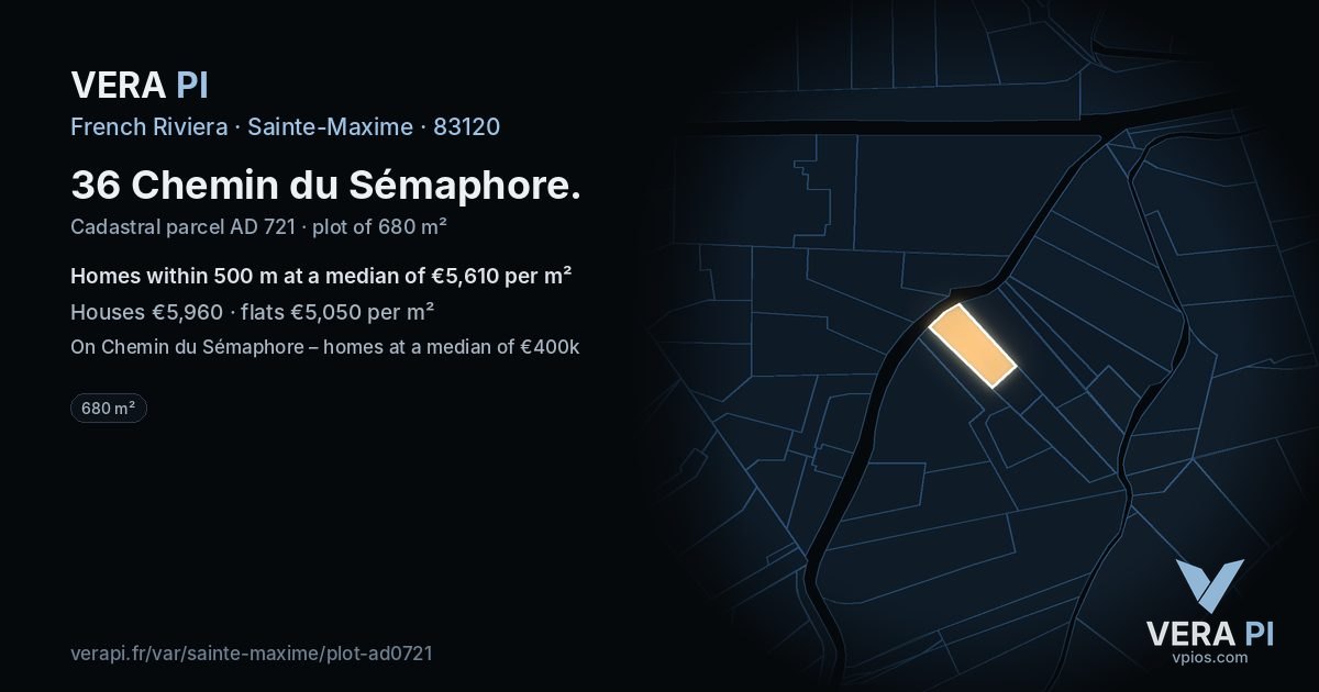 36 Chemin du Sémaphore, Sainte-Maxime at night – the plot lit, the parcels around coloured by the prices near them