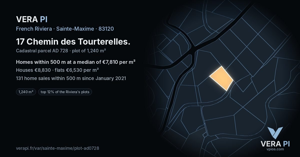 17 Chemin des Tourterelles, Sainte-Maxime at night – the plot lit, the parcels around coloured by the prices near them