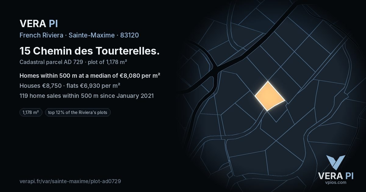 15 Chemin des Tourterelles, Sainte-Maxime at night – the plot lit, the parcels around coloured by the prices near them
