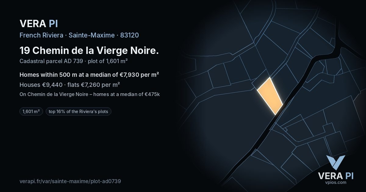 19 Chemin de la Vierge Noire, Sainte-Maxime at night – the plot lit, the parcels around coloured by the prices near them