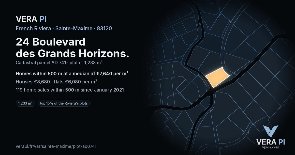 24 Boulevard des Grands Horizons, Sainte-Maxime at night – the plot lit, the parcels around coloured by the prices near them
