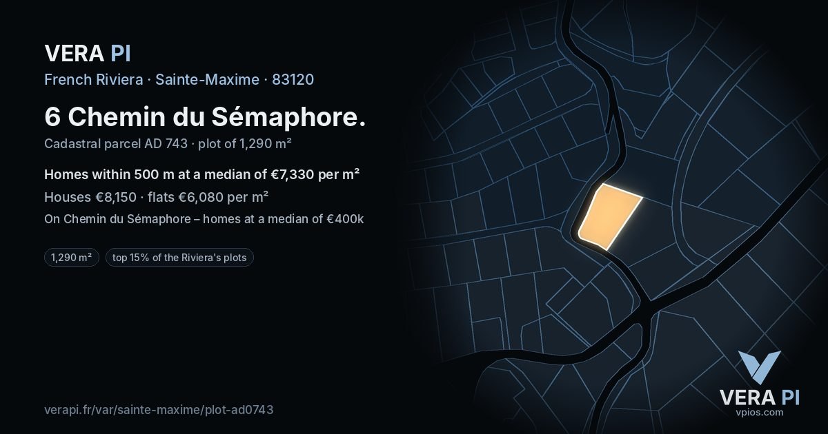 6 Chemin du Sémaphore, Sainte-Maxime at night – the plot lit, the parcels around coloured by the prices near them