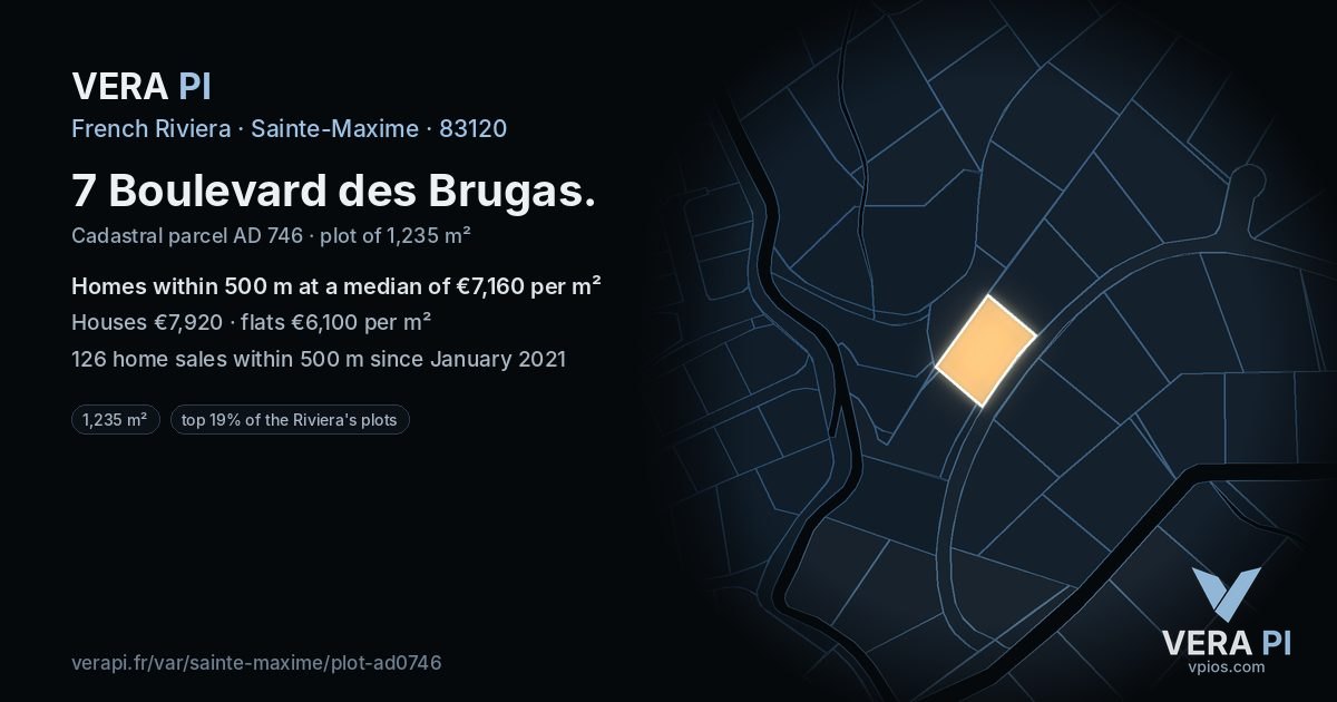 7 Boulevard des Brugas, Sainte-Maxime at night – the plot lit, the parcels around coloured by the prices near them
