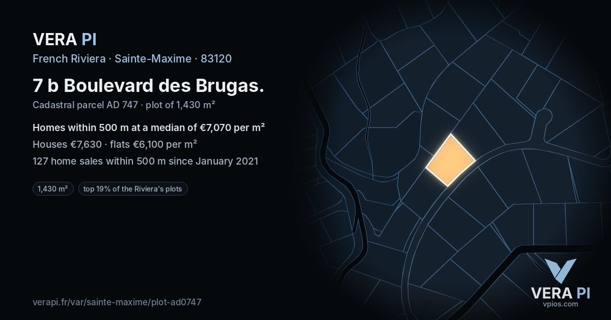 7 b Boulevard des Brugas, Sainte-Maxime at night – the plot lit, the parcels around coloured by the prices near them