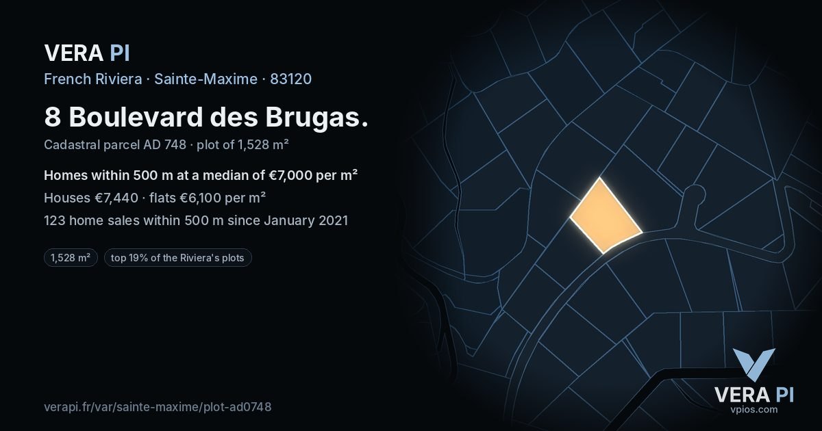 8 Boulevard des Brugas, Sainte-Maxime at night – the plot lit, the parcels around coloured by the prices near them
