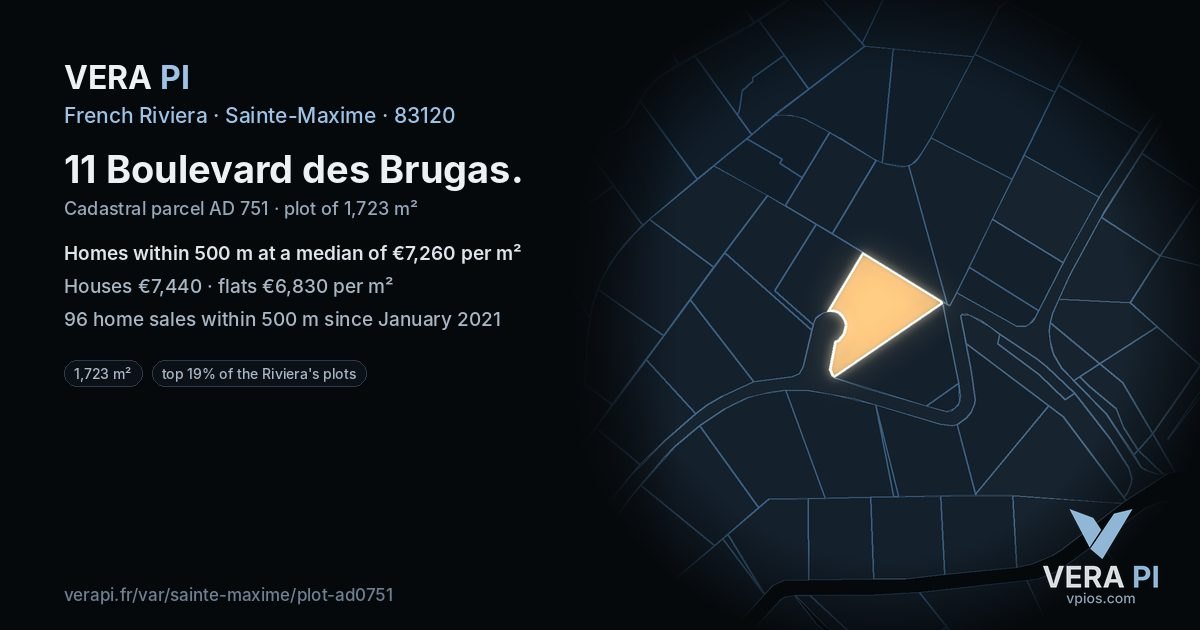 11 Boulevard des Brugas, Sainte-Maxime at night – the plot lit, the parcels around coloured by the prices near them