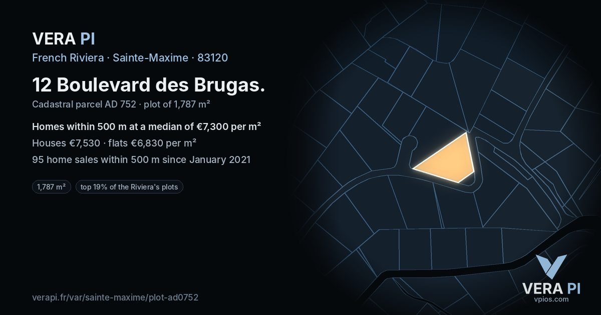 12 Boulevard des Brugas, Sainte-Maxime at night – the plot lit, the parcels around coloured by the prices near them