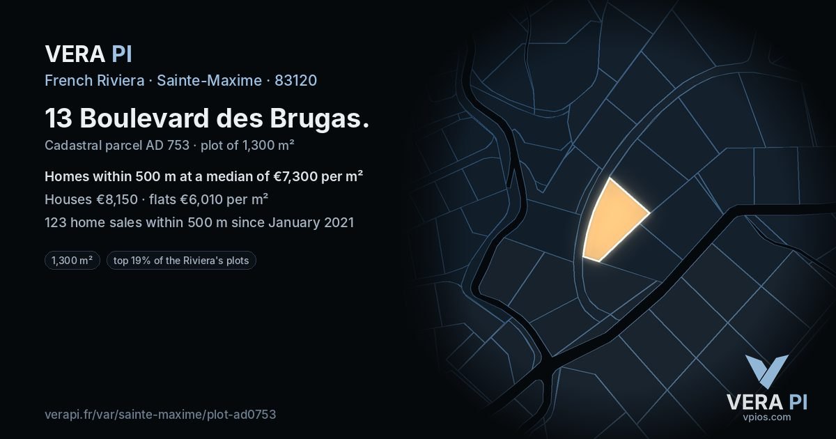 13 Boulevard des Brugas, Sainte-Maxime at night – the plot lit, the parcels around coloured by the prices near them