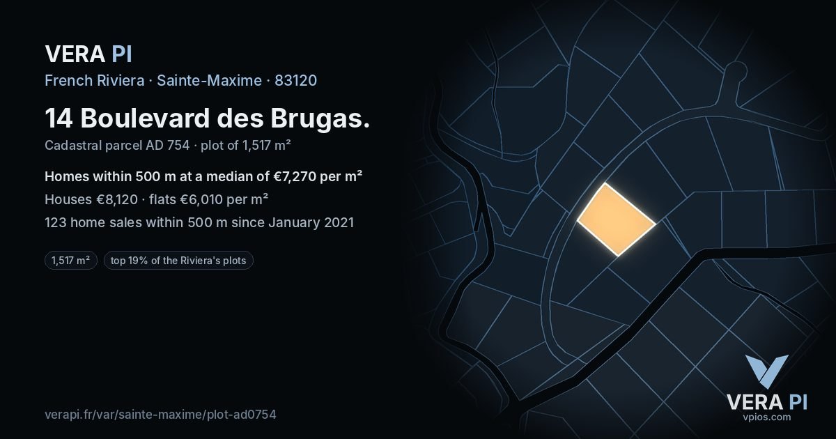 14 Boulevard des Brugas, Sainte-Maxime at night – the plot lit, the parcels around coloured by the prices near them