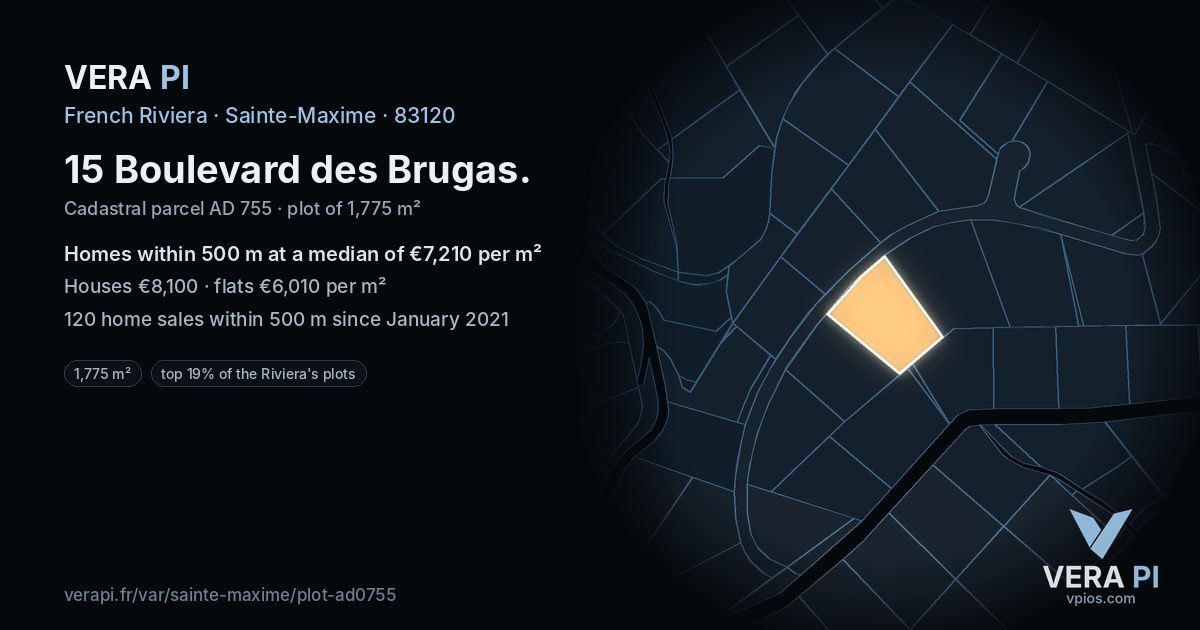 15 Boulevard des Brugas, Sainte-Maxime at night – the plot lit, the parcels around coloured by the prices near them