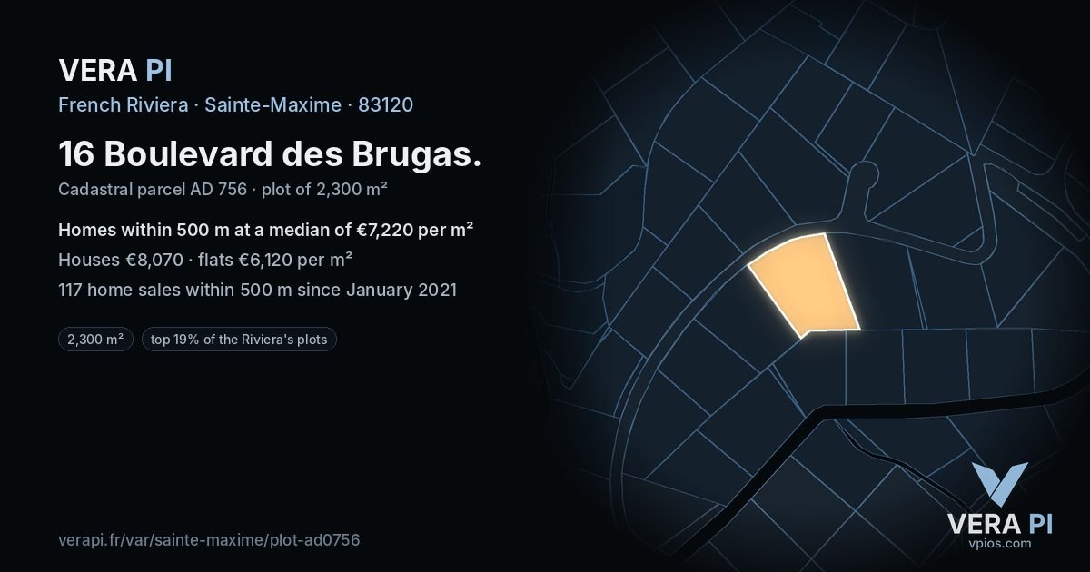 16 Boulevard des Brugas, Sainte-Maxime at night – the plot lit, the parcels around coloured by the prices near them