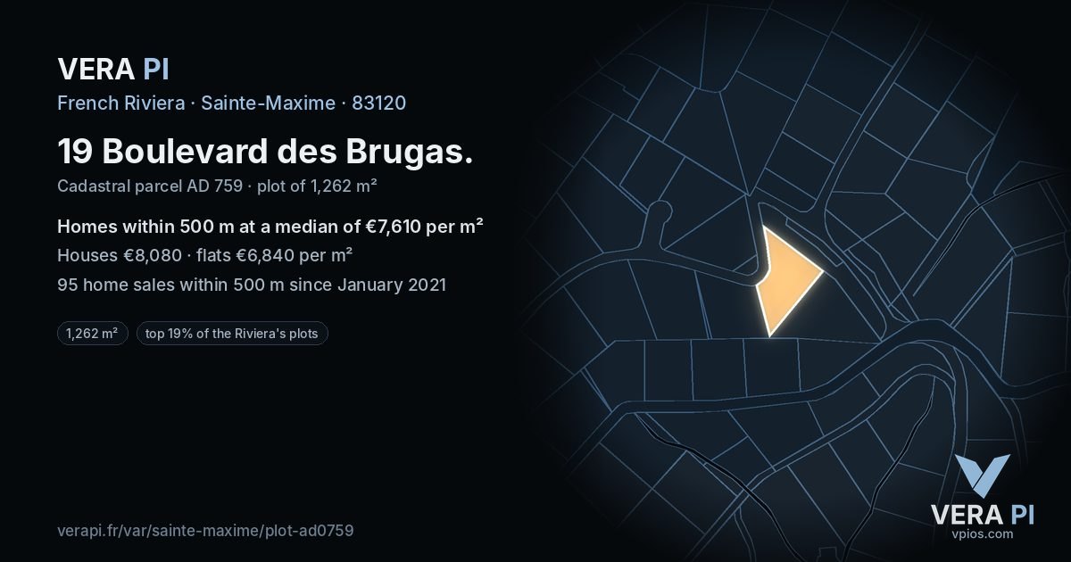 19 Boulevard des Brugas, Sainte-Maxime at night – the plot lit, the parcels around coloured by the prices near them