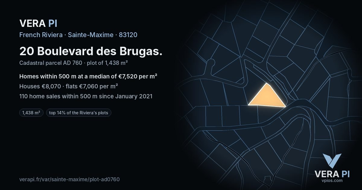 20 Boulevard des Brugas, Sainte-Maxime at night – the plot lit, the parcels around coloured by the prices near them