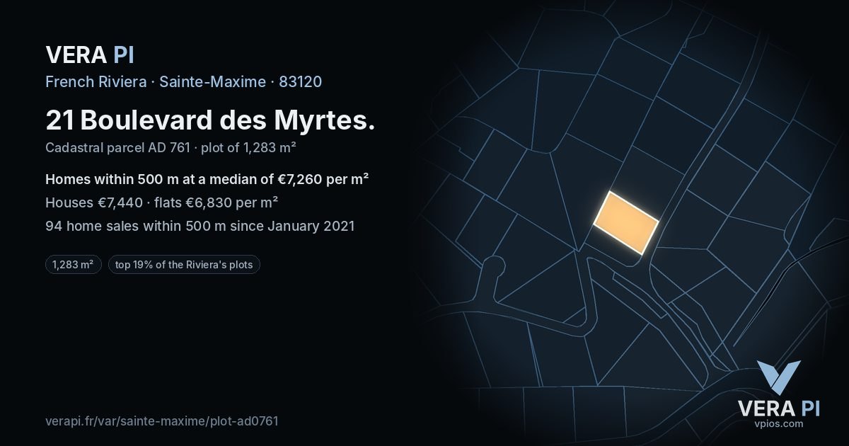 21 Boulevard des Myrtes, Sainte-Maxime at night – the plot lit, the parcels around coloured by the prices near them