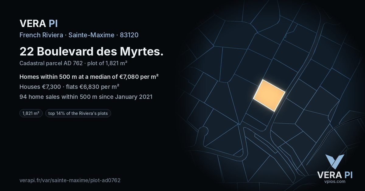 22 Boulevard des Myrtes, Sainte-Maxime at night – the plot lit, the parcels around coloured by the prices near them