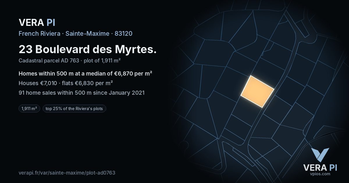 23 Boulevard des Myrtes, Sainte-Maxime at night – the plot lit, the parcels around coloured by the prices near them