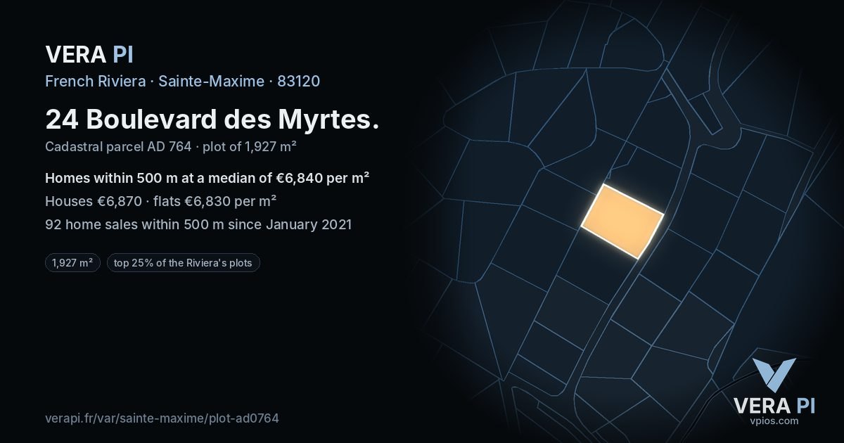 24 Boulevard des Myrtes, Sainte-Maxime at night – the plot lit, the parcels around coloured by the prices near them