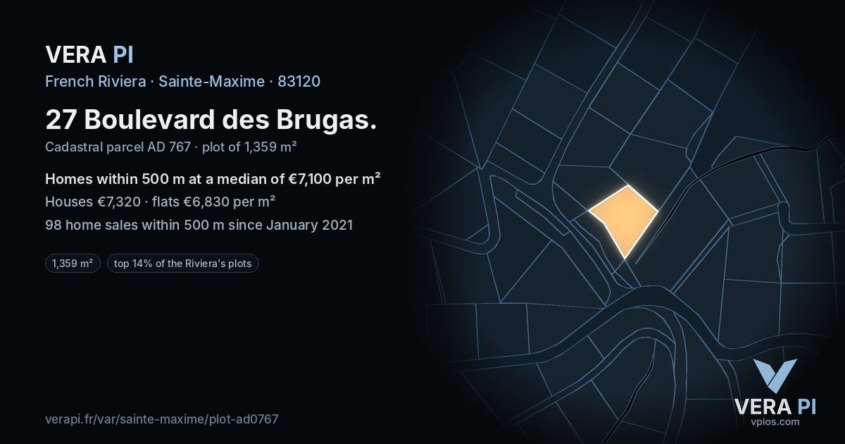 27 Boulevard des Brugas, Sainte-Maxime at night – the plot lit, the parcels around coloured by the prices near them