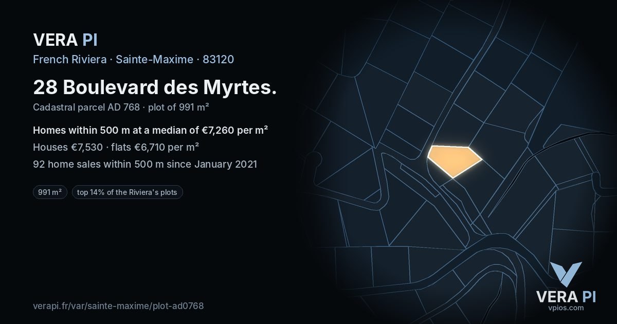 28 Boulevard des Myrtes, Sainte-Maxime at night – the plot lit, the parcels around coloured by the prices near them