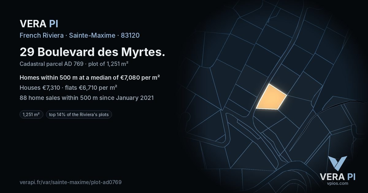 29 Boulevard des Myrtes, Sainte-Maxime at night – the plot lit, the parcels around coloured by the prices near them