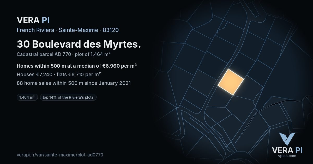 30 Boulevard des Myrtes, Sainte-Maxime at night – the plot lit, the parcels around coloured by the prices near them