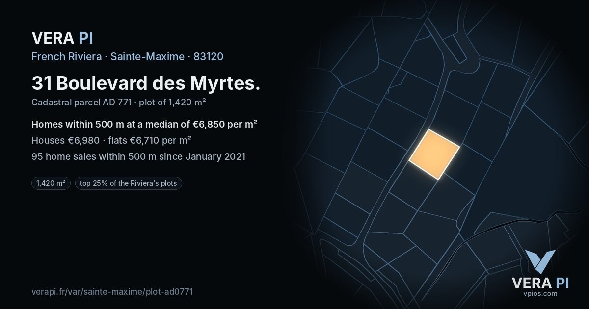 31 Boulevard des Myrtes, Sainte-Maxime at night – the plot lit, the parcels around coloured by the prices near them