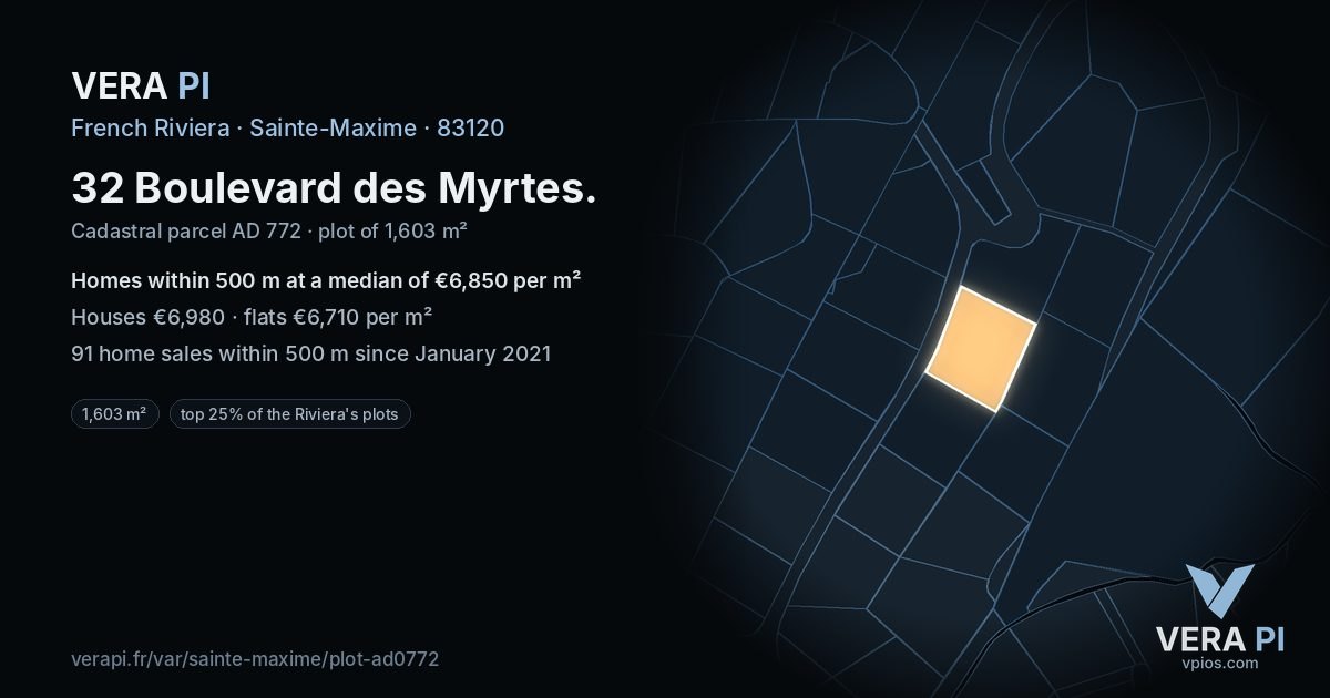 32 Boulevard des Myrtes, Sainte-Maxime at night – the plot lit, the parcels around coloured by the prices near them