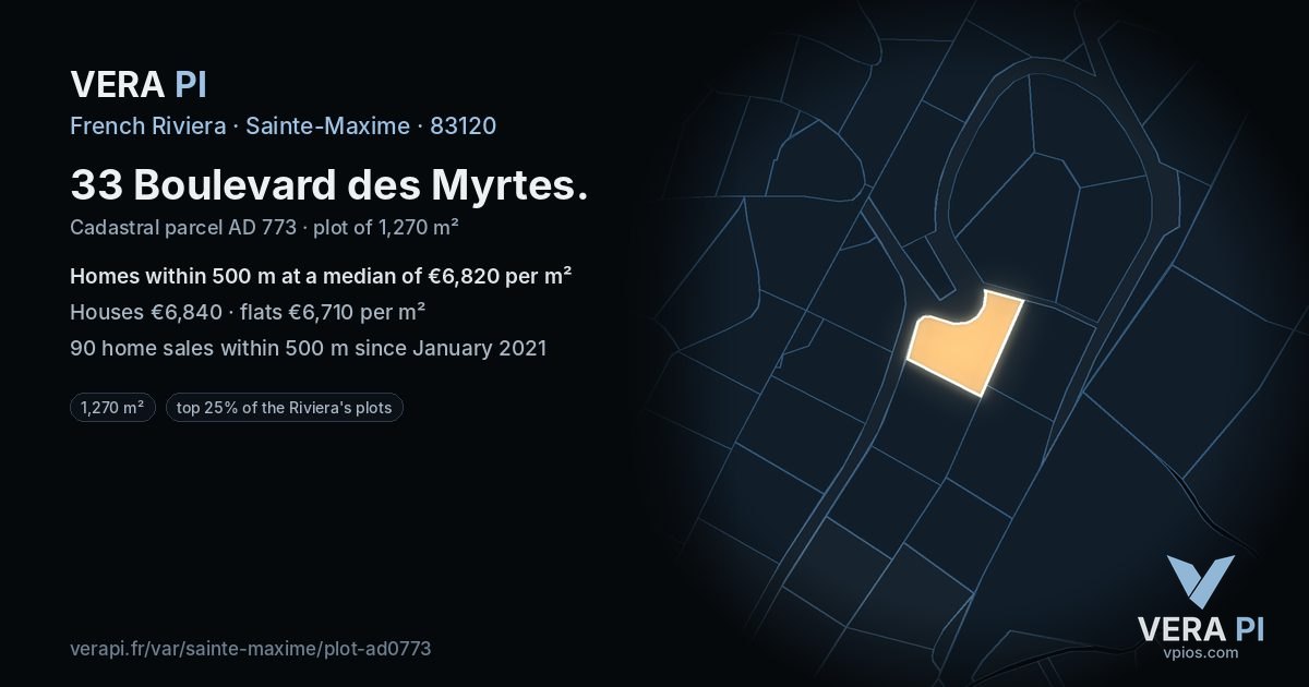 33 Boulevard des Myrtes, Sainte-Maxime at night – the plot lit, the parcels around coloured by the prices near them