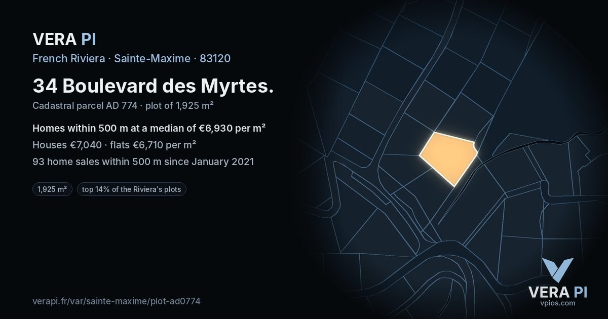 34 Boulevard des Myrtes, Sainte-Maxime at night – the plot lit, the parcels around coloured by the prices near them