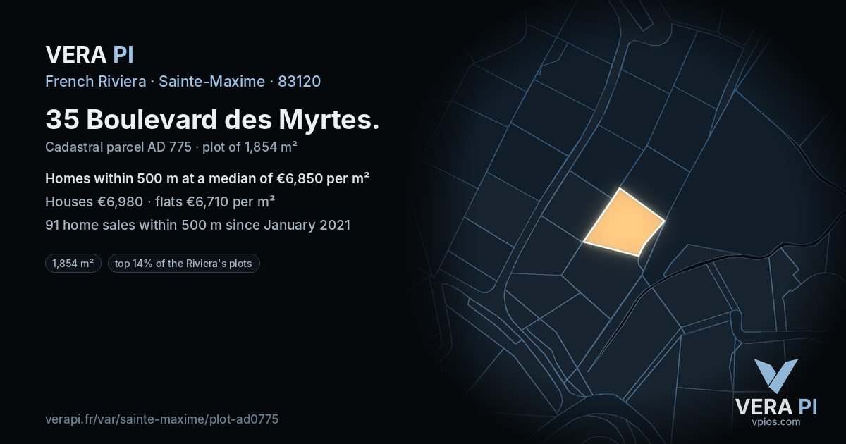 35 Boulevard des Myrtes, Sainte-Maxime at night – the plot lit, the parcels around coloured by the prices near them