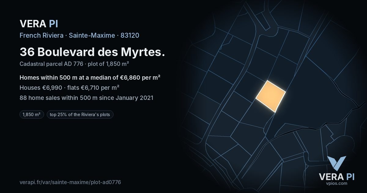 36 Boulevard des Myrtes, Sainte-Maxime at night – the plot lit, the parcels around coloured by the prices near them