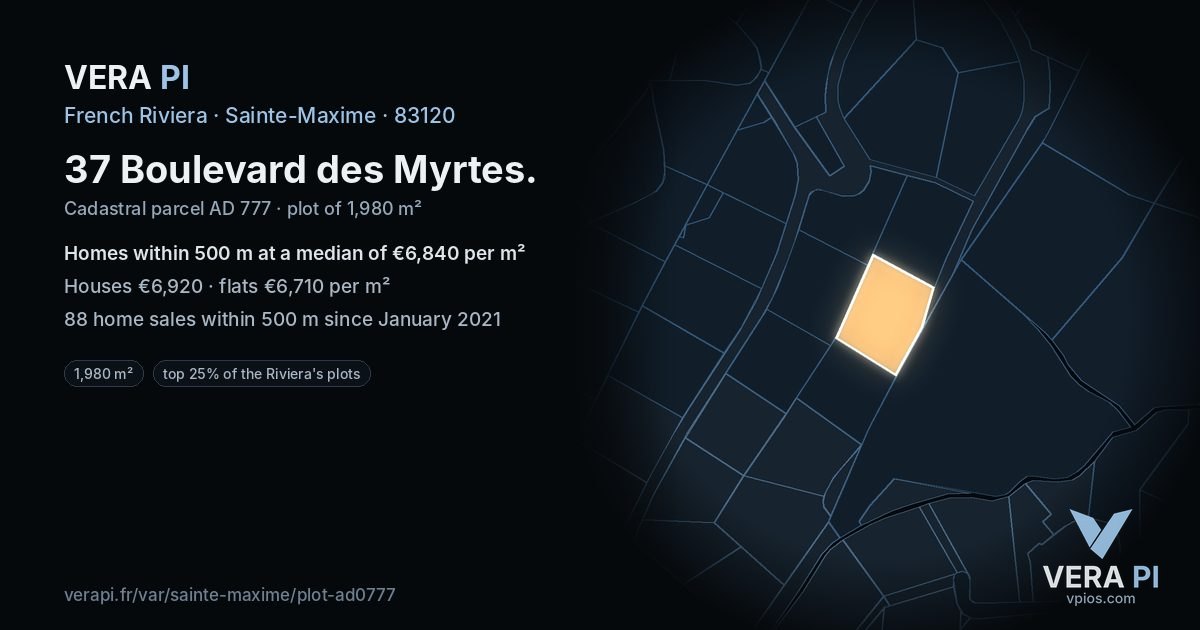 37 Boulevard des Myrtes, Sainte-Maxime at night – the plot lit, the parcels around coloured by the prices near them