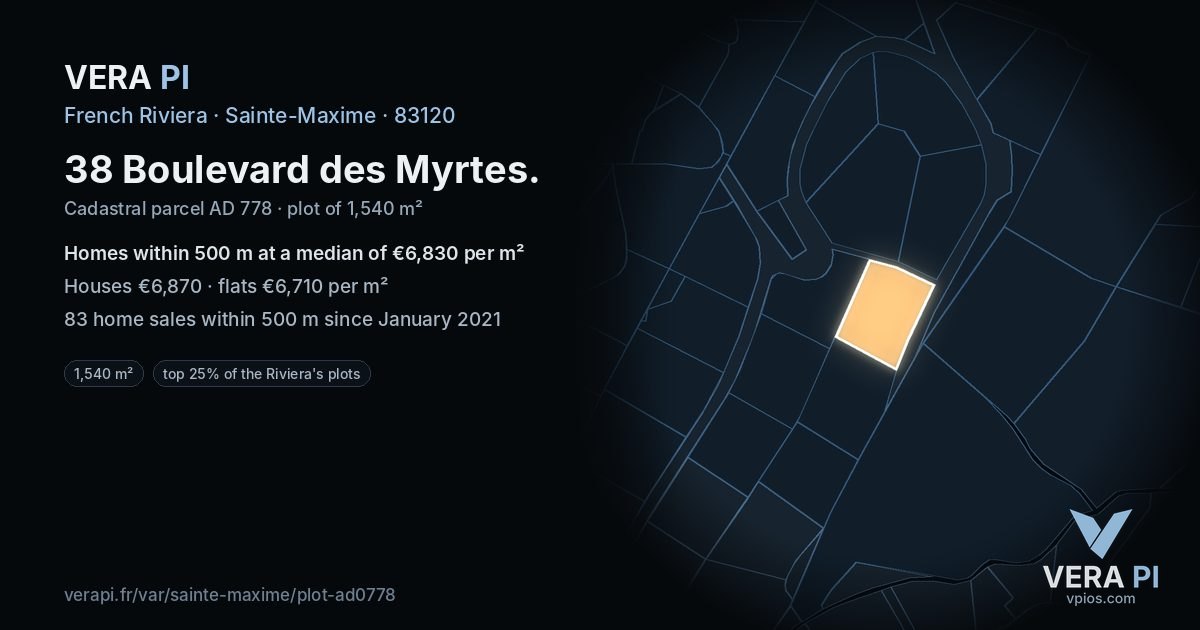 38 Boulevard des Myrtes, Sainte-Maxime at night – the plot lit, the parcels around coloured by the prices near them