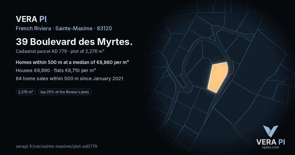39 Boulevard des Myrtes, Sainte-Maxime at night – the plot lit, the parcels around coloured by the prices near them