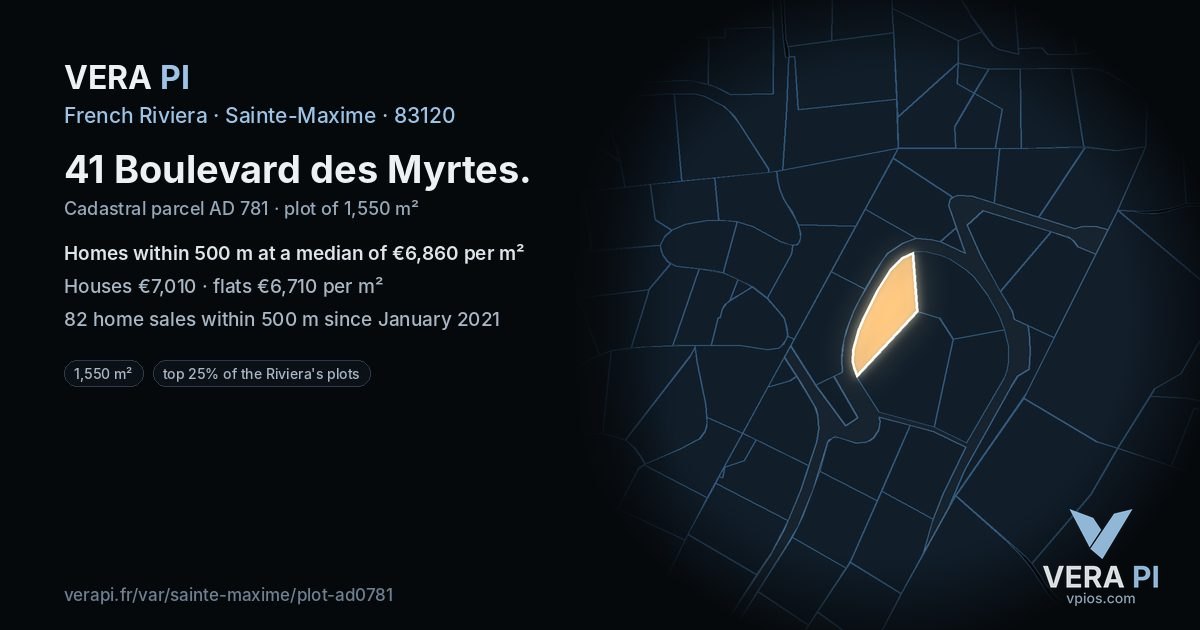 41 Boulevard des Myrtes, Sainte-Maxime at night – the plot lit, the parcels around coloured by the prices near them