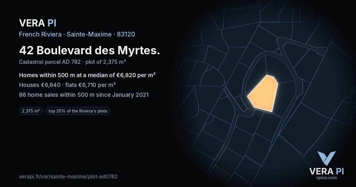 42 Boulevard des Myrtes, Sainte-Maxime at night – the plot lit, the parcels around coloured by the prices near them