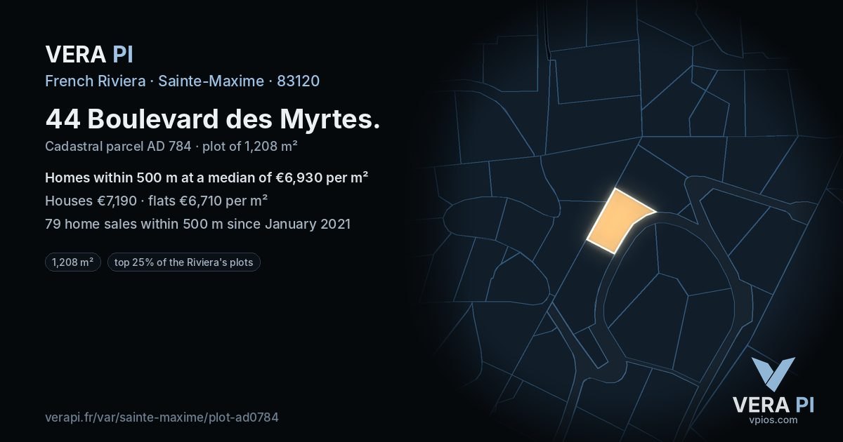 44 Boulevard des Myrtes, Sainte-Maxime at night – the plot lit, the parcels around coloured by the prices near them