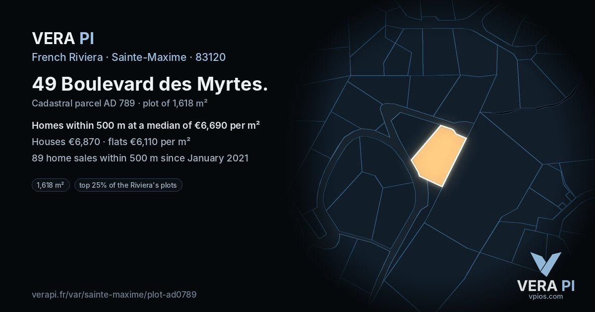 49 Boulevard des Myrtes, Sainte-Maxime at night – the plot lit, the parcels around coloured by the prices near them