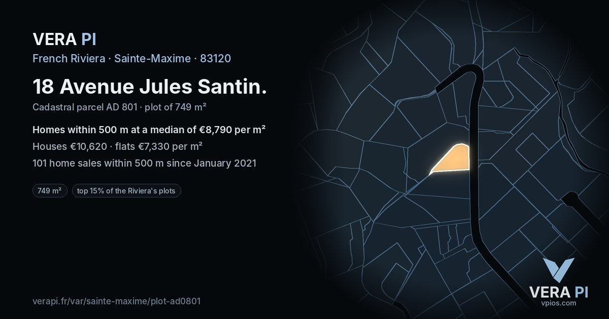 18 Avenue Jules Santin, Sainte-Maxime at night – the plot lit, the parcels around coloured by the prices near them