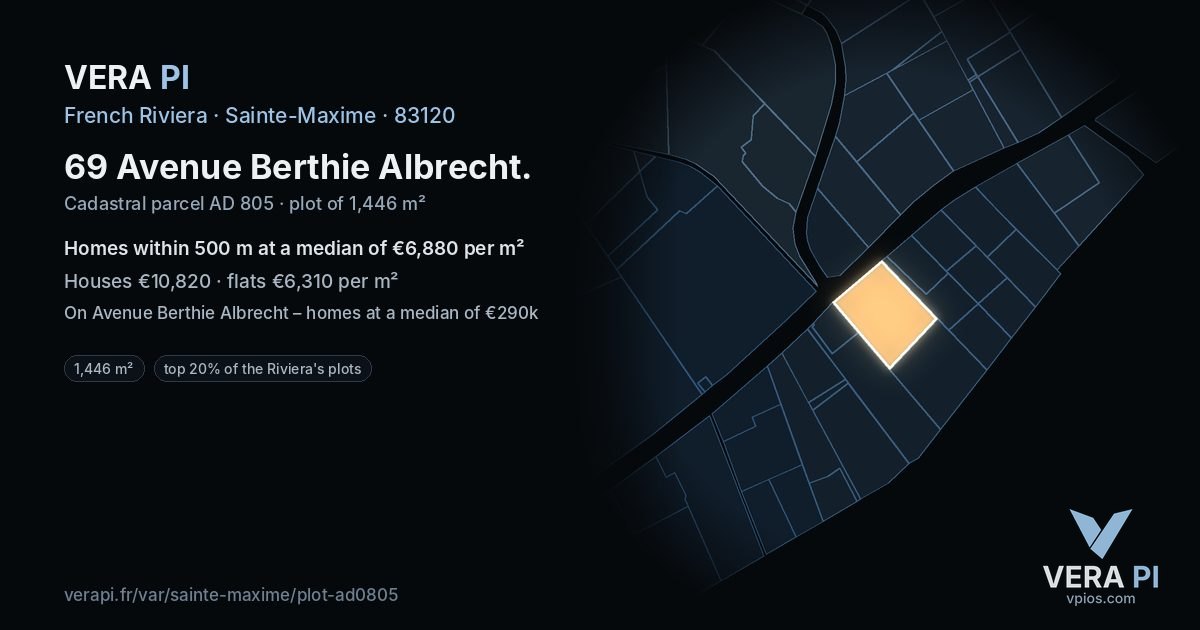 69 Avenue Berthie Albrecht, Sainte-Maxime at night – the plot lit, the parcels around coloured by the prices near them