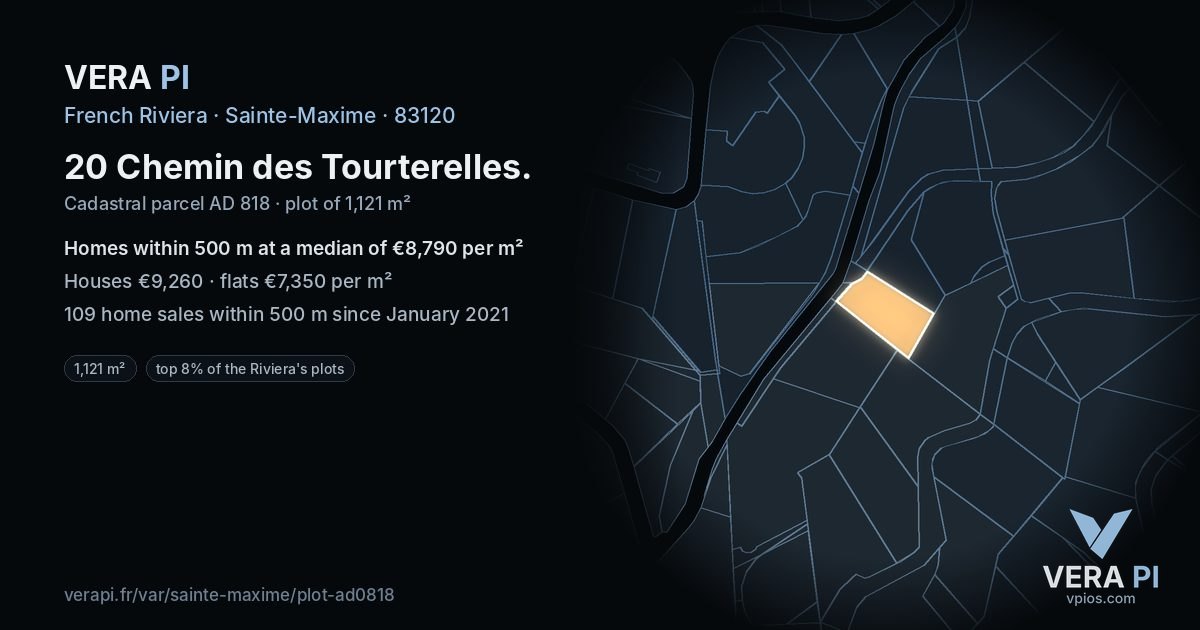 20 Chemin des Tourterelles, Sainte-Maxime at night – the plot lit, the parcels around coloured by the prices near them
