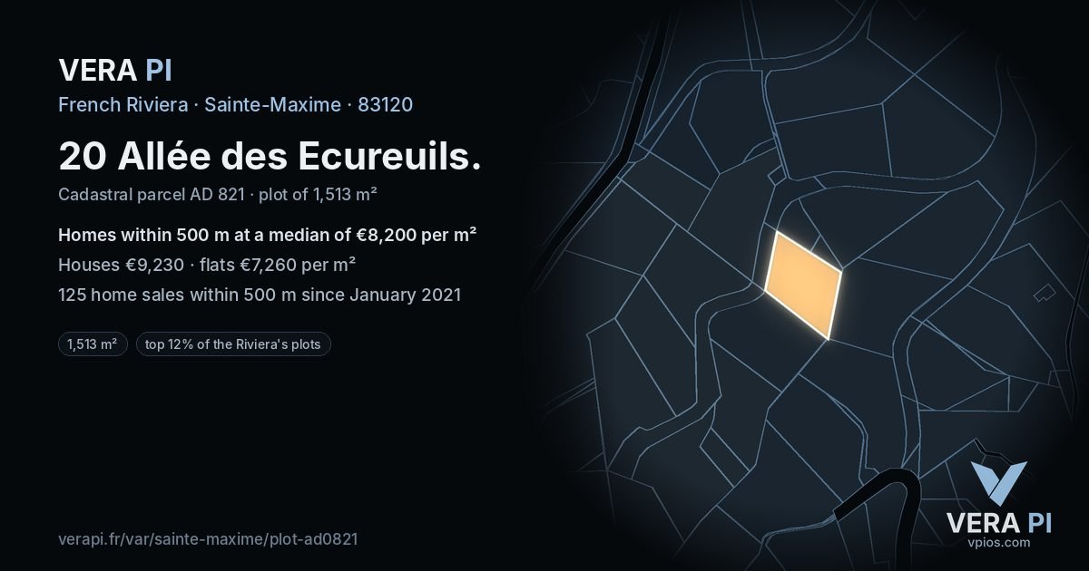 20 Allée des Ecureuils, Sainte-Maxime at night – the plot lit, the parcels around coloured by the prices near them