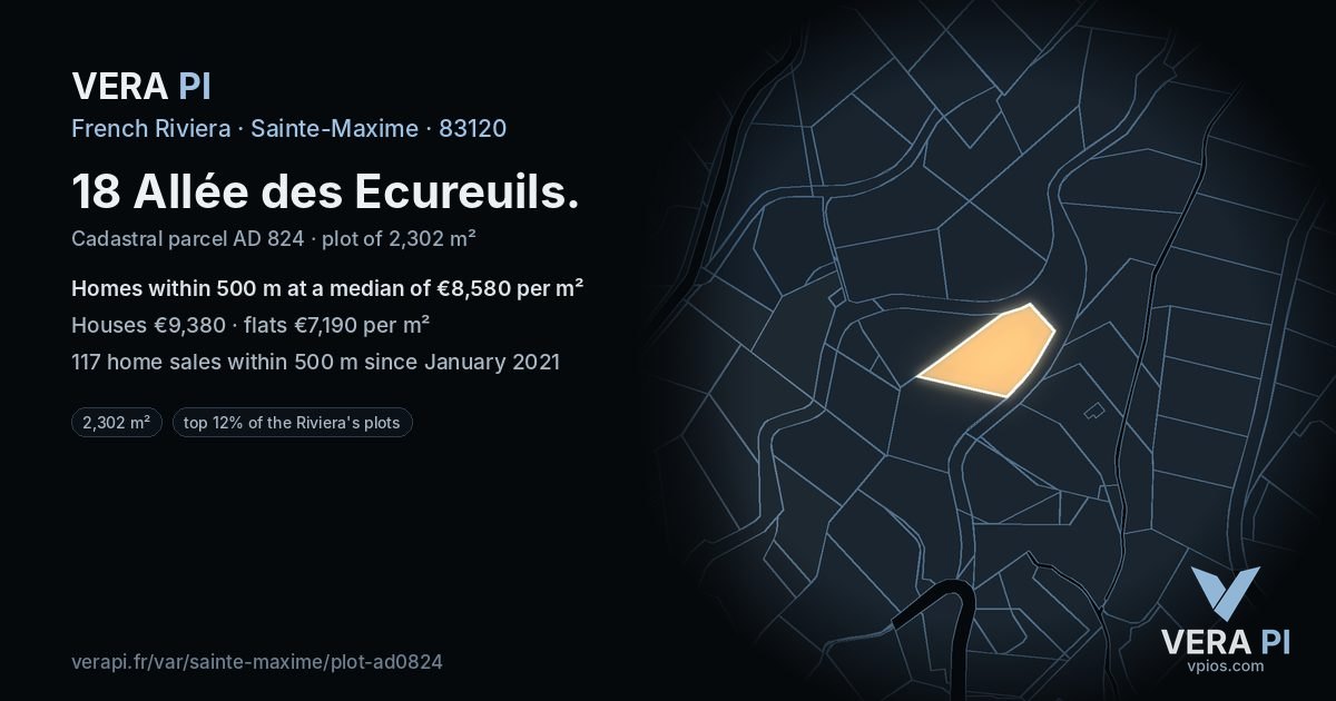 18 Allée des Ecureuils, Sainte-Maxime at night – the plot lit, the parcels around coloured by the prices near them