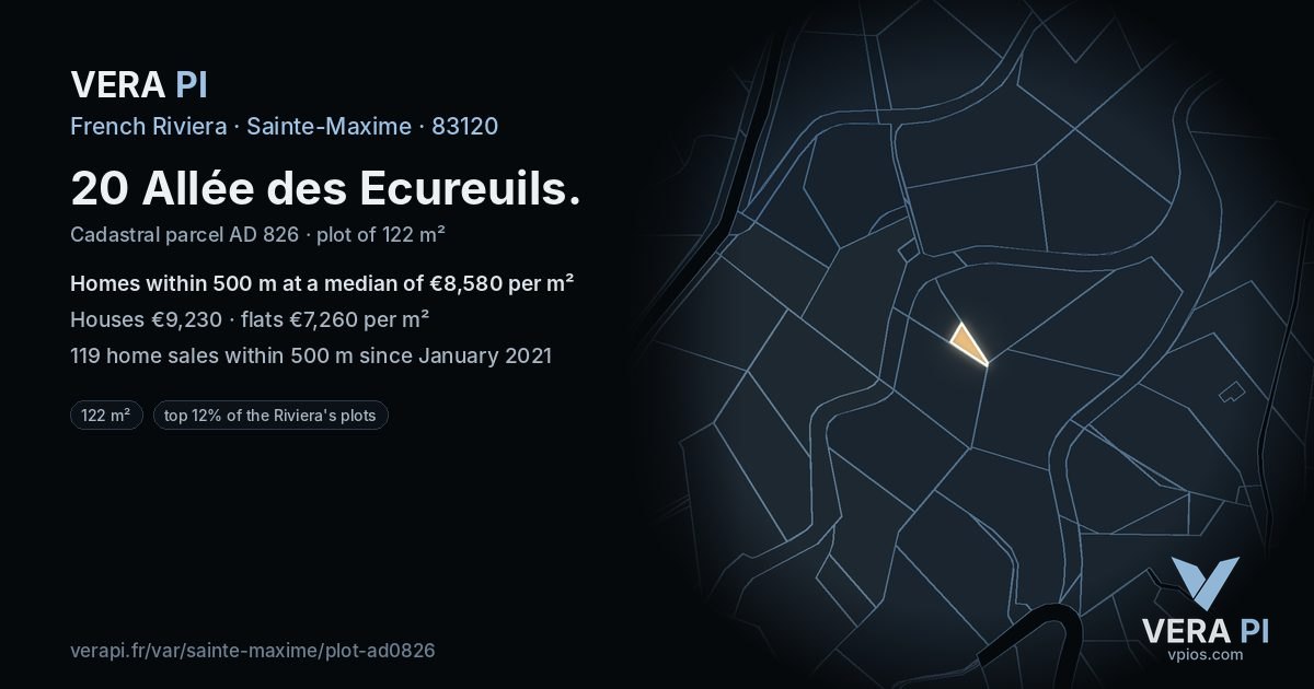 20 Allée des Ecureuils, Sainte-Maxime at night – the plot lit, the parcels around coloured by the prices near them