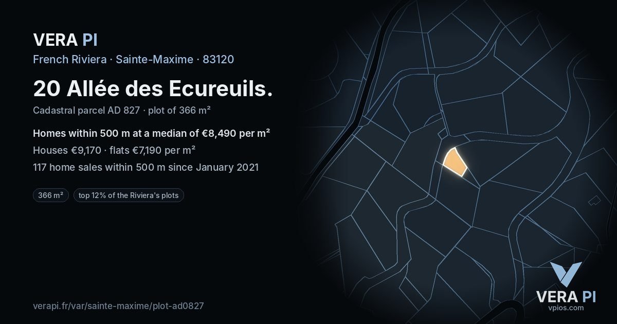 20 Allée des Ecureuils, Sainte-Maxime at night – the plot lit, the parcels around coloured by the prices near them