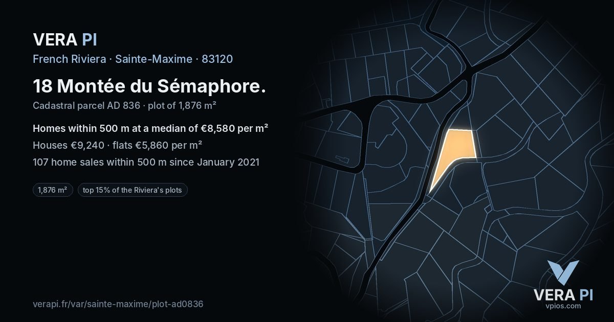 18 Montée du Sémaphore, Sainte-Maxime at night – the plot lit, the parcels around coloured by the prices near them