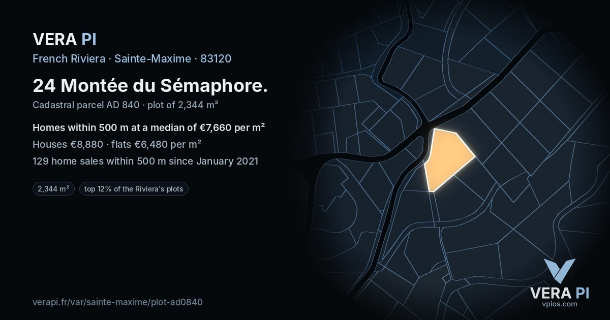 24 Montée du Sémaphore, Sainte-Maxime at night – the plot lit, the parcels around coloured by the prices near them
