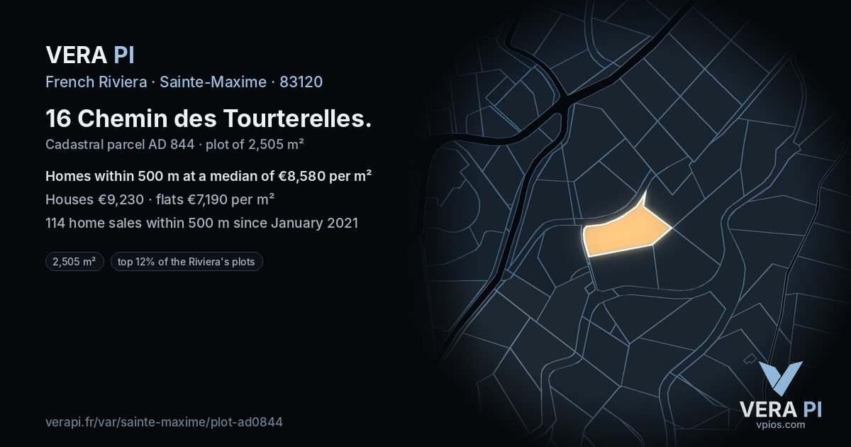 16 Chemin des Tourterelles, Sainte-Maxime at night – the plot lit, the parcels around coloured by the prices near them