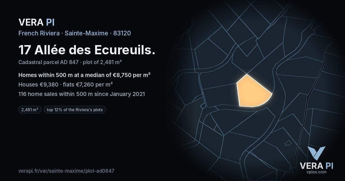 17 Allée des Ecureuils, Sainte-Maxime at night – the plot lit, the parcels around coloured by the prices near them